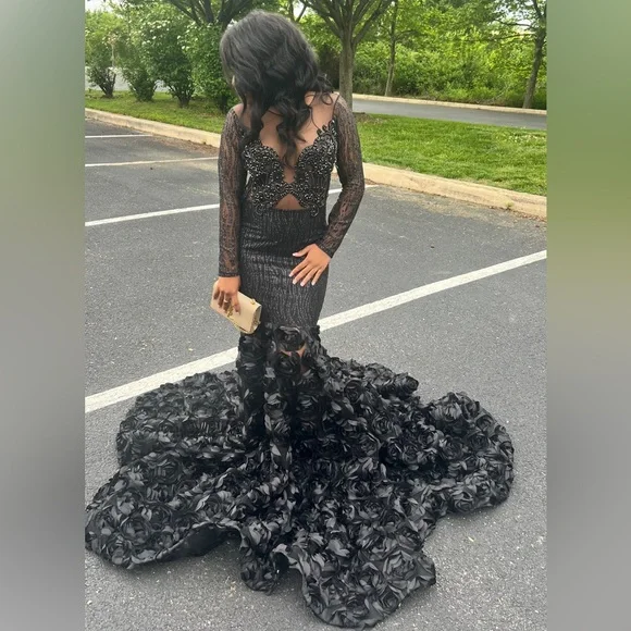 Dresses | Beautiful Black Prom Dress With Beaded Details And Adorned With  Flowers | Poshmark